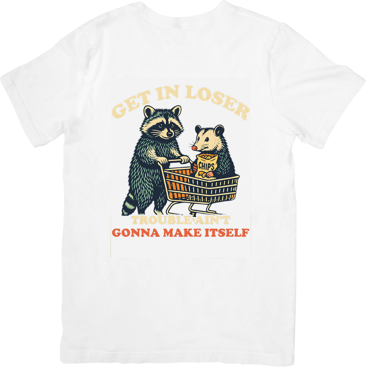 Get In Loser Trouble Aint Gonna Make Itself Raccoon Opossum Funny Vintage Graphic Tee