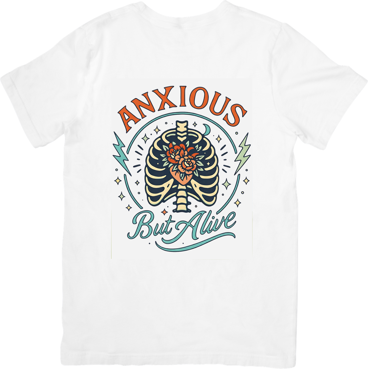 Anxious But Alive Ribcage T-Shirt | Floral Skeleton Tattoo Graphic Tee | Mental Health Gift