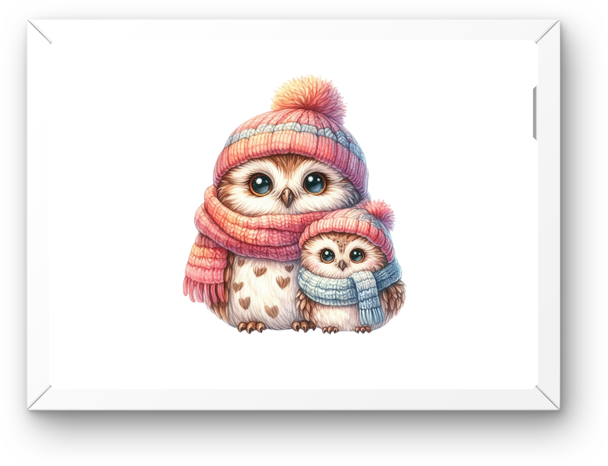 Cozy Winter Owls Wall Art | Watercolor Knit Hat Owl Print | Nursery Kids Gift