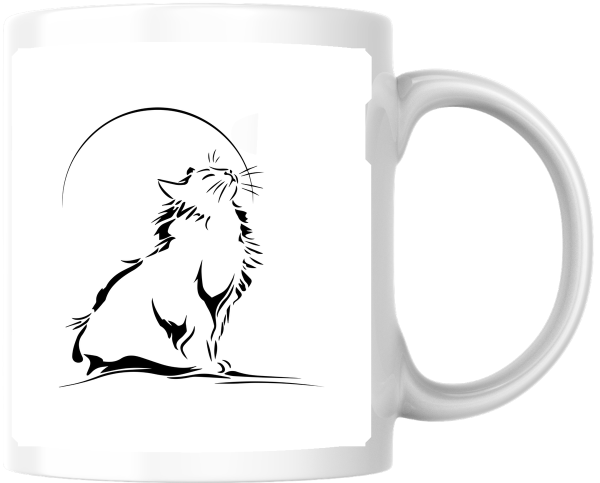 Moon Cat Silhouette Mug | Elegant Ink Line Art Coffee Mug | Cat Lover Gift