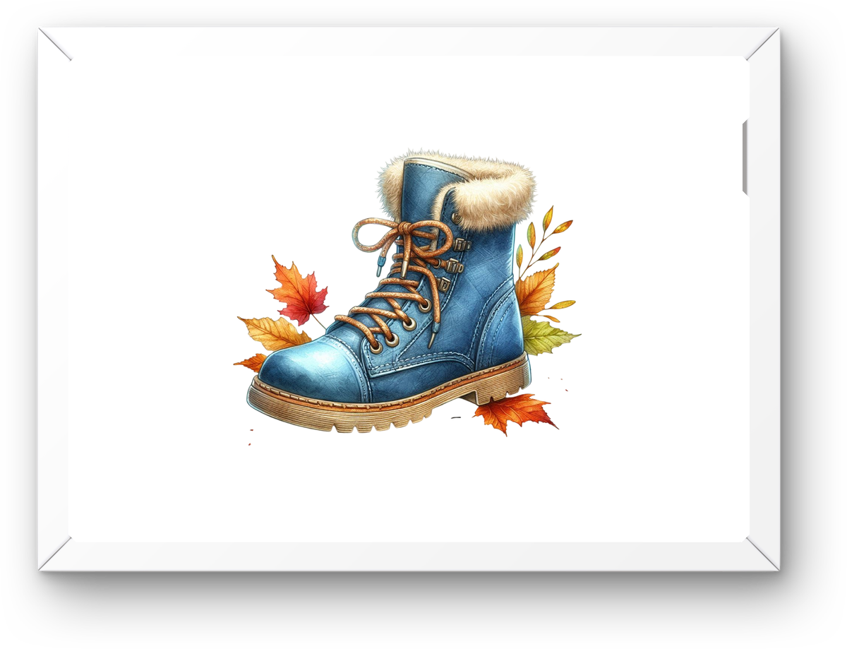 Blue Winter Boot Wall Art | Watercolor Autumn Leaves Print | Cozy Seasonal Gift