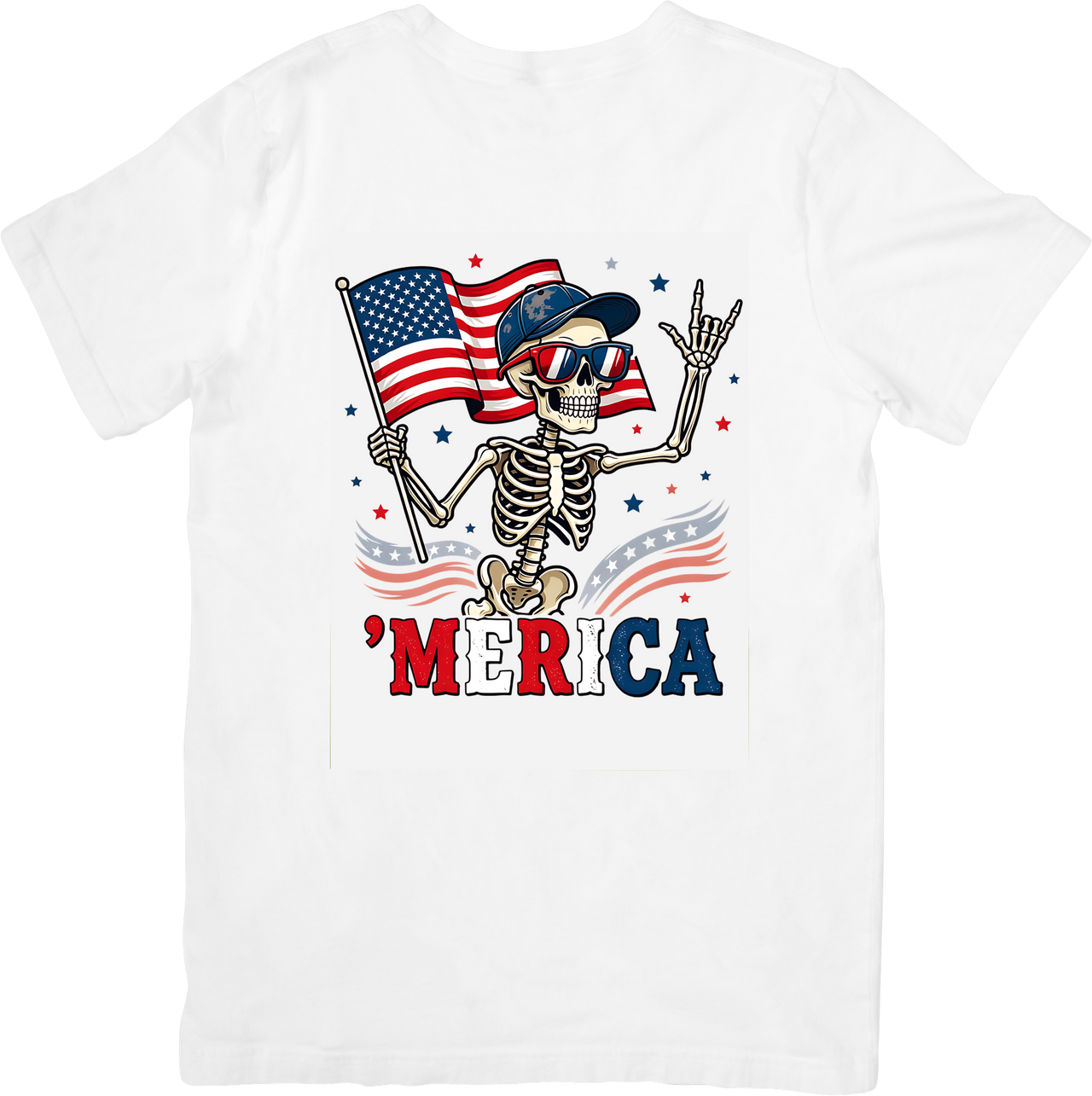 Merica Skeleton Patriotic Funny Fourth of July Rock On USA Graphic Tee
